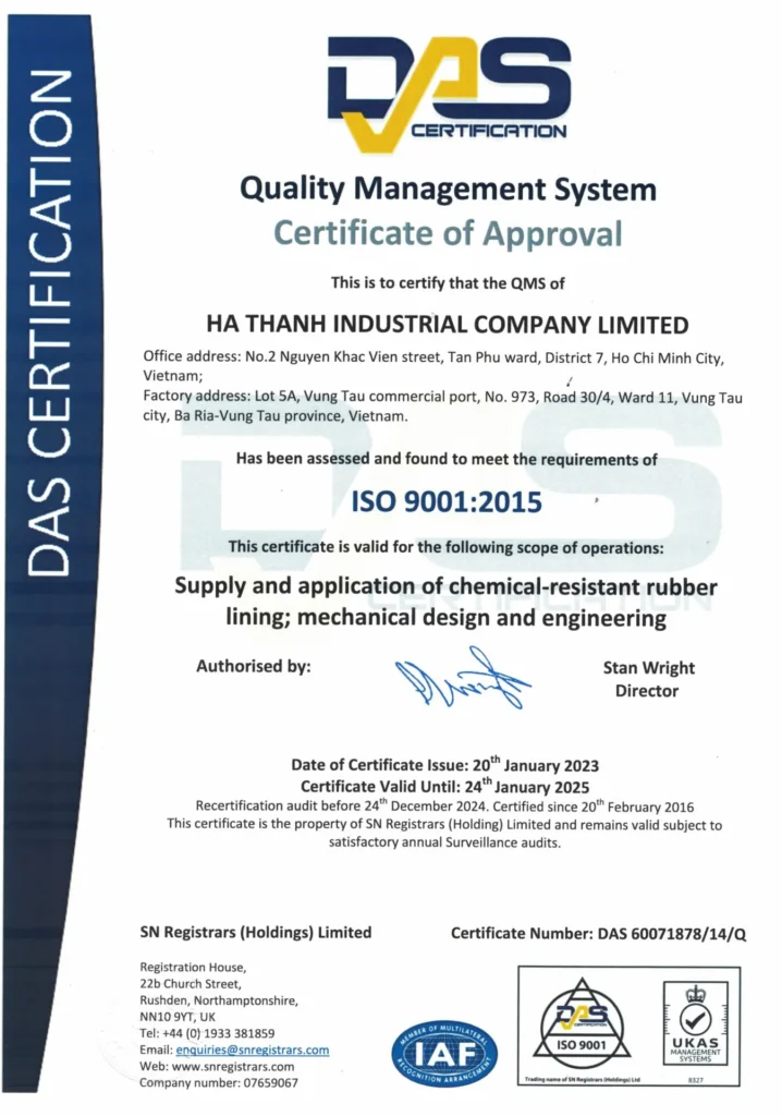 Ha Thanh Industrial Co., Ltdは、品質マネジメントシステムIso 9001:2015の認証を取得しました。